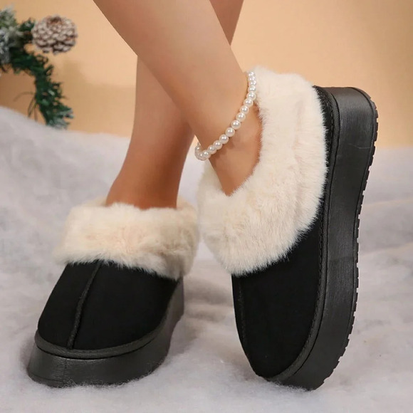 Black Casual Women's Suede Shearling Ankle Moccasins - Picture 4 of 9
